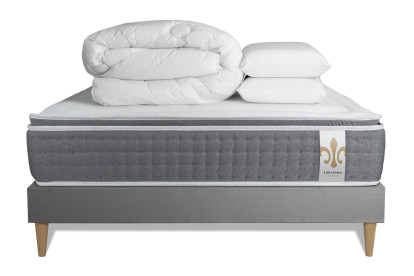 Pack lit complet 180x200 cm - Matelas + Sommier Gris (en kit) + 2 oreillers + Couette - Vingt-Six PLUS