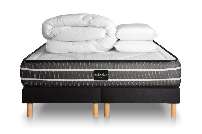Pack lit complet 160x200 cm - Matelas + 2 Sommiers noirs + 2 oreillers + Couette - Exclusive