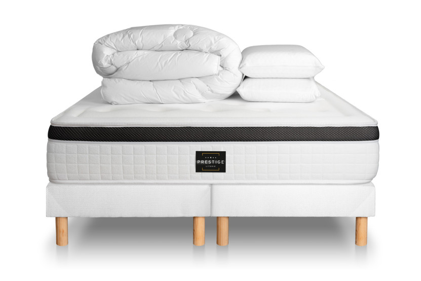 Pack lit complet 160x200 cm - Matelas + 2 Sommiers Blancs + 2 oreillers + Couette - Privilège