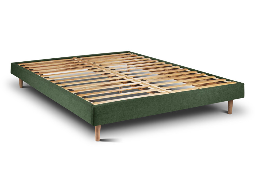 Lit 150x190 cm avec Tête de lit à lignes - Tissu Toile natté Vert Kaki