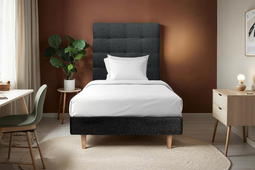 Lit 90x200 cm avec Tête de lit capitonnée - Tissu Bouclette Noir