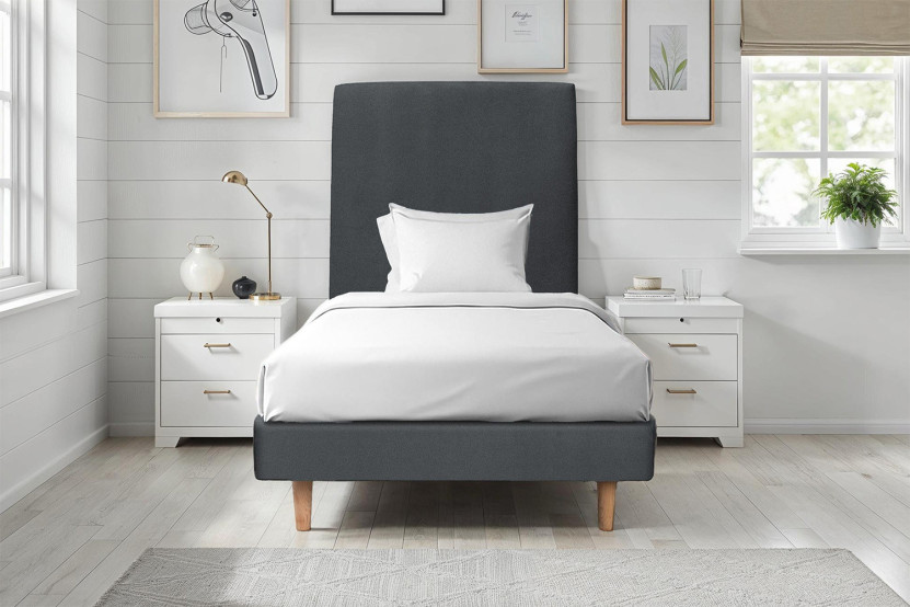 Lit 90x190 cm avec Tête de lit tapissée - Tissu Velours Gris Anthracite