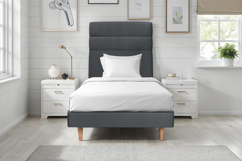 Lit 90x200 cm avec Tête de lit à lignes - Tissu Velours Gris Anthracite