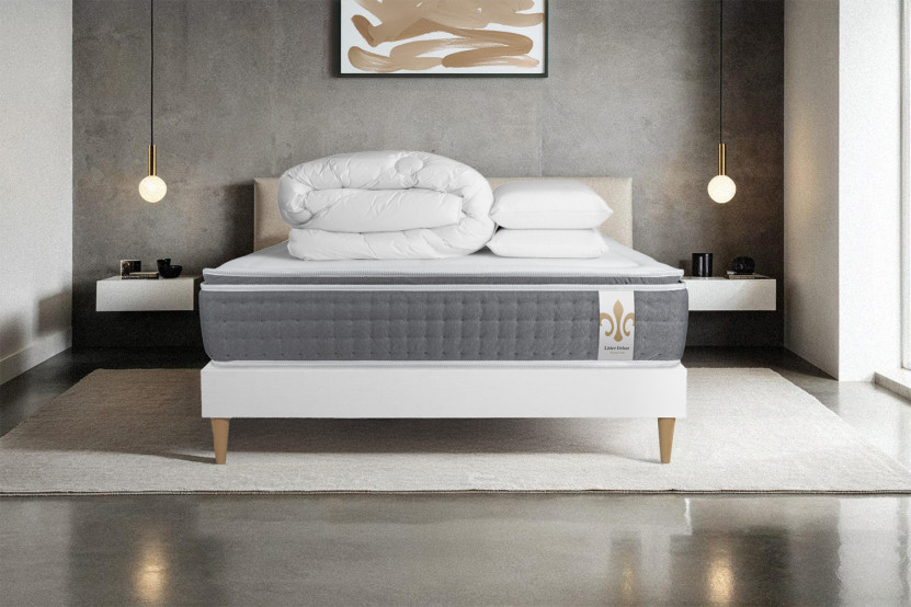 Pack lit complet 180x200 cm - Matelas + Sommier Blanc (en kit) + 2 oreillers + Couette - Vingt-Six PLUS