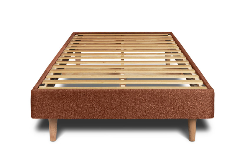 Lit 90x200 cm avec Tête de lit capitonnée - Tissu Bouclette Terracotta