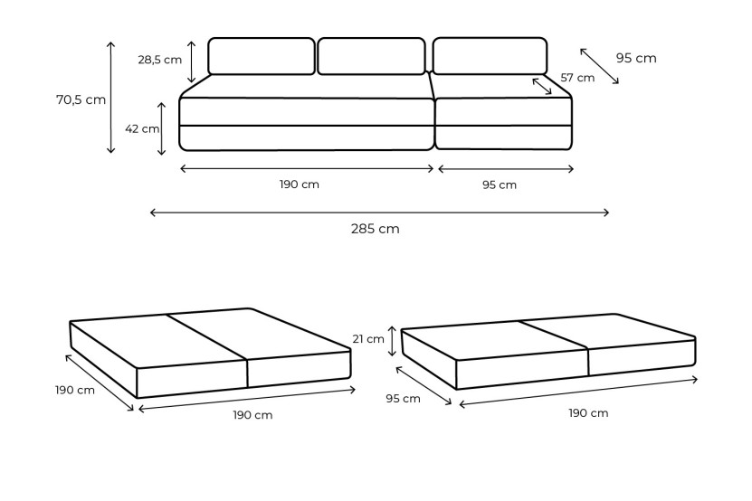 Canapé droit convertible 4 places - Tissu lisse - Taupe