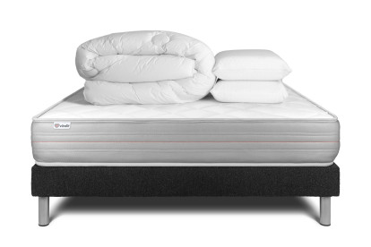 Pack lit complet 140x200 cm - Matelas + Sommier Noir (en kit) + 2 oreillers + Couette - Vitalmemo