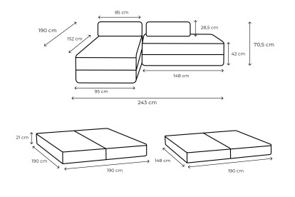 Canapé d'angle 5 places - 2 modules convertibles : Canapé 2 places + Méridienne - Tissu lisse Marron