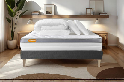 Pack lit complet 140x190 cm - Matelas + Sommier Gris + 2 oreillers + Couette - Memo Zen