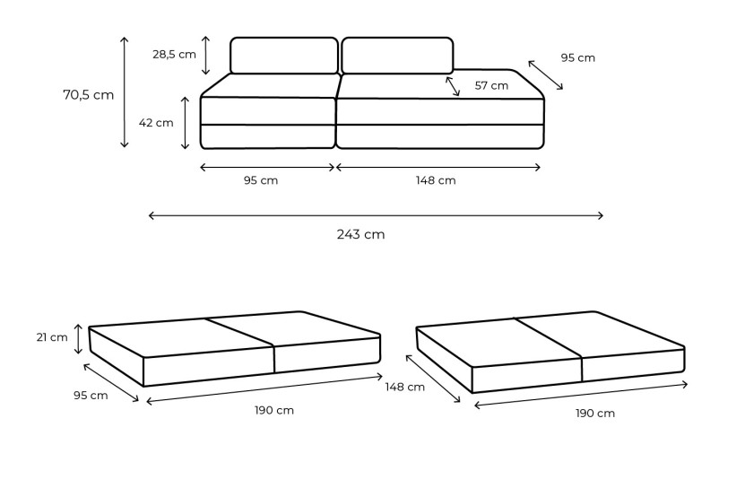 Canapé droit convertible 3 places - Tissu lisse - Beige