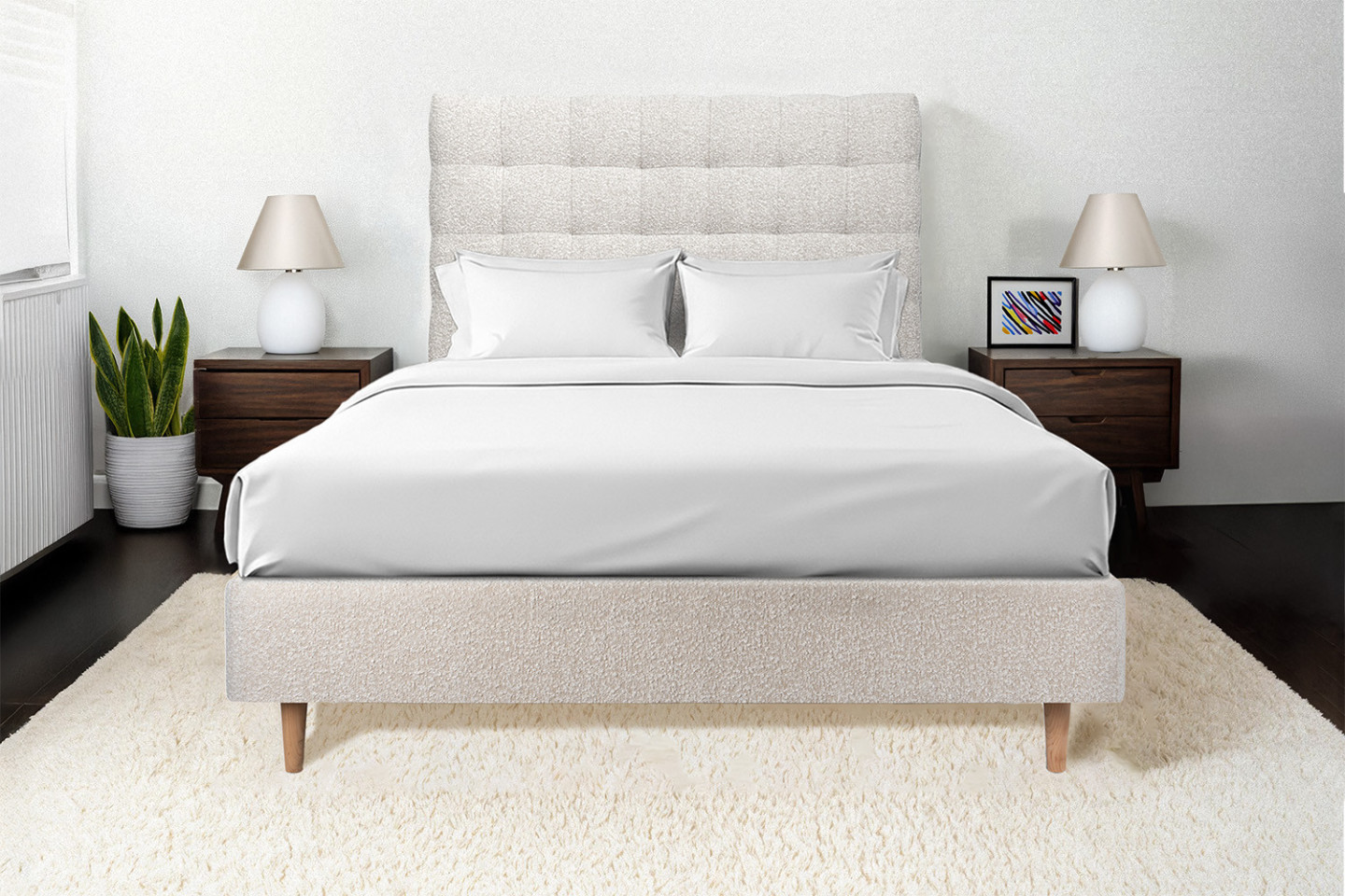 Lit Adulte 140 X 190 Cm En Tissu Bouclette Blanc Avec Tête De Lit Et Sommier à Lattes - Enzo