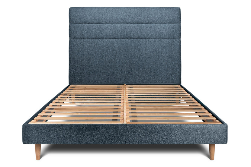 Lit 150x190 cm avec Tête de lit à lignes - Tissu Bouclette Bleu