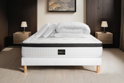 Pack lit complet 140x200 cm - Matelas + Sommier Blanc + 2 oreillers + Couette - Privilège