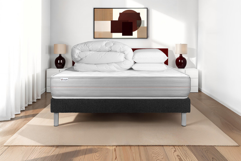 Pack lit complet 140x200 cm - Matelas + Sommier Noir (en kit) + 2 oreillers + Couette - Vitalmemo