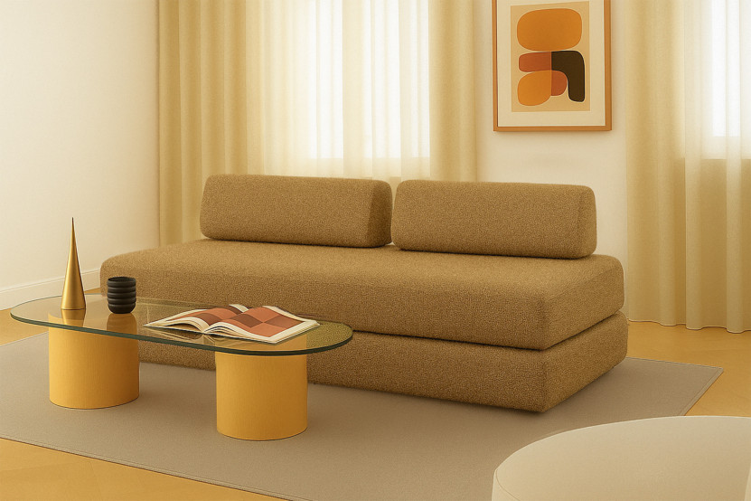 Canapé droit convertible 3 places - Tissu tweed - Jaune