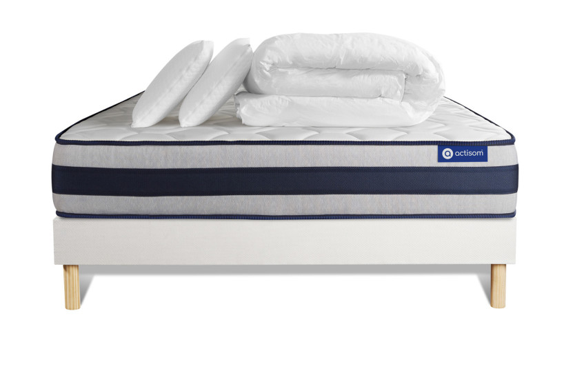 Pack lit complet 200x200 cm - Matelas + Sommier Blanc (en kit) + 2 oreillers + Couette - Actiflex Ergo