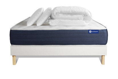Pack lit complet 200x200 cm - Matelas + Sommier Blanc (en kit) + 2 oreillers + Couette - Actimemo Sleep