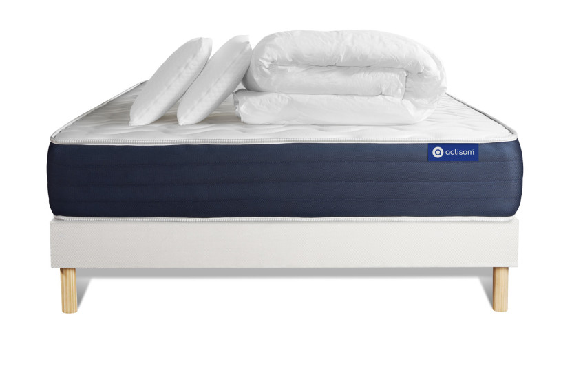 Pack lit complet 200x200 cm - Matelas + Sommier Blanc (en kit) + 2 oreillers + Couette - Actimemo Sleep