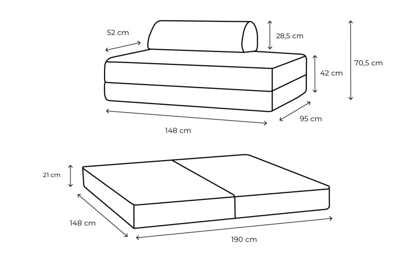 Canapé droit convertible et modulable 2 places - Tissu lisse - Rose