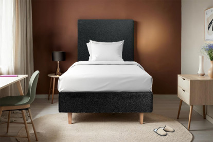 Lit 90x200 cm - Sommier tapissier H35 cm + tête de lit tapissée - Tissu Bouclette Noir