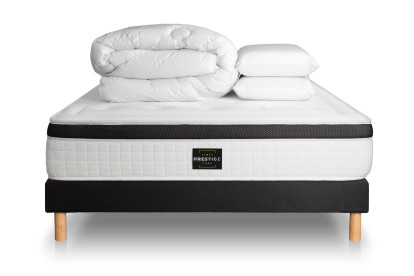 Pack lit complet 140x190 cm - Matelas + Sommier Noir (en kit) + 2 oreillers + Couette - Privilège