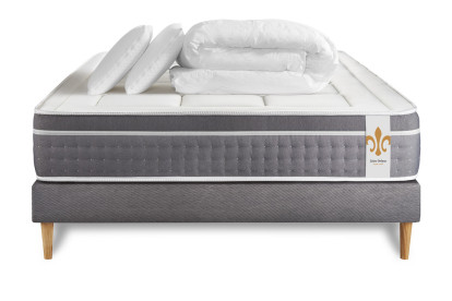 Pack lit complet 140x190 cm - Matelas + Sommier Gris (en kit) + 2 oreillers + Couette - Trente