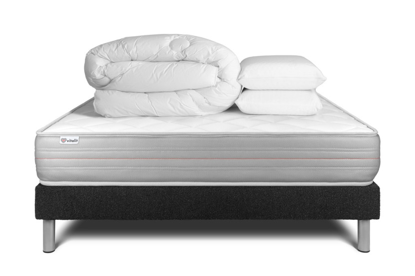 Pack lit complet 180x200 cm - Matelas + Sommier Noir (en kit) + 2 oreillers + Couette - Vitalmemo