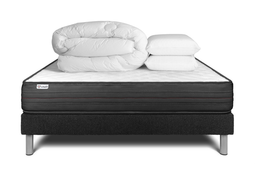 Pack lit complet 180x200 cm - Matelas + Sommier Noir (en kit) + 2 oreillers + Couette - Vitalpower