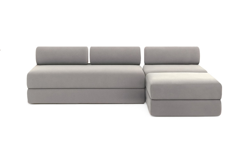 Canapé d'angle 6 places - 3 modules convertibles : Canapé 3 places + Fauteuil + Pouf - Tissu lisse Gris clair