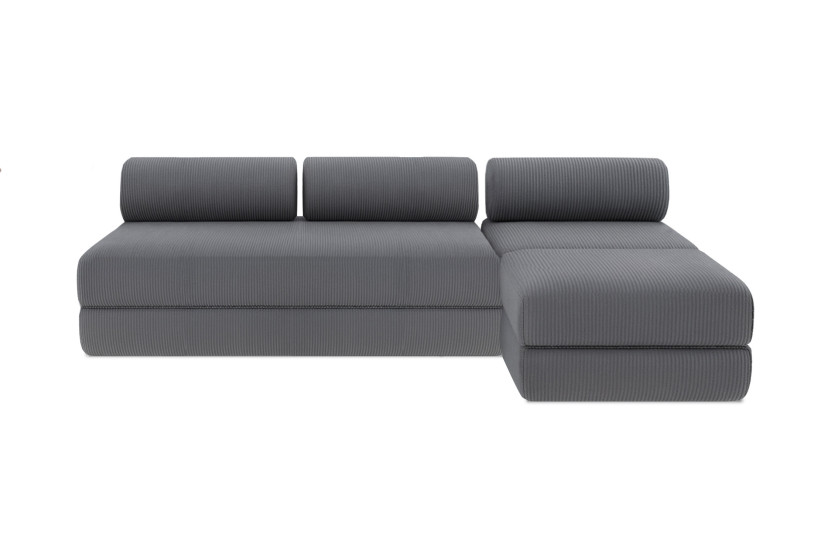 Canapé d'angle 6 places - 3 modules convertibles : Canapé 3 places + Fauteuil + Pouf - Velours côtelé Gris