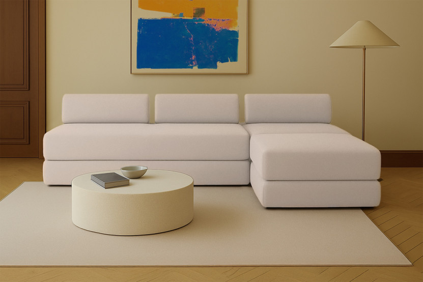 Canapé d'angle 6 places - 3 modules convertibles : Canapé 3 places + Fauteuil + Pouf - Tissu lisse Beige