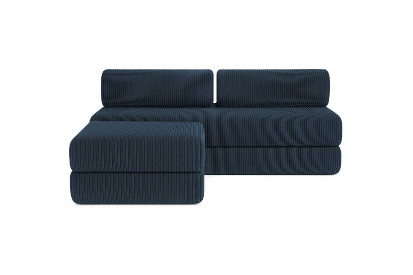 Canapé d'angle 4 places - 2 modules convertibles : Canapé 3 places + Pouf - Velours côtelé Bleu