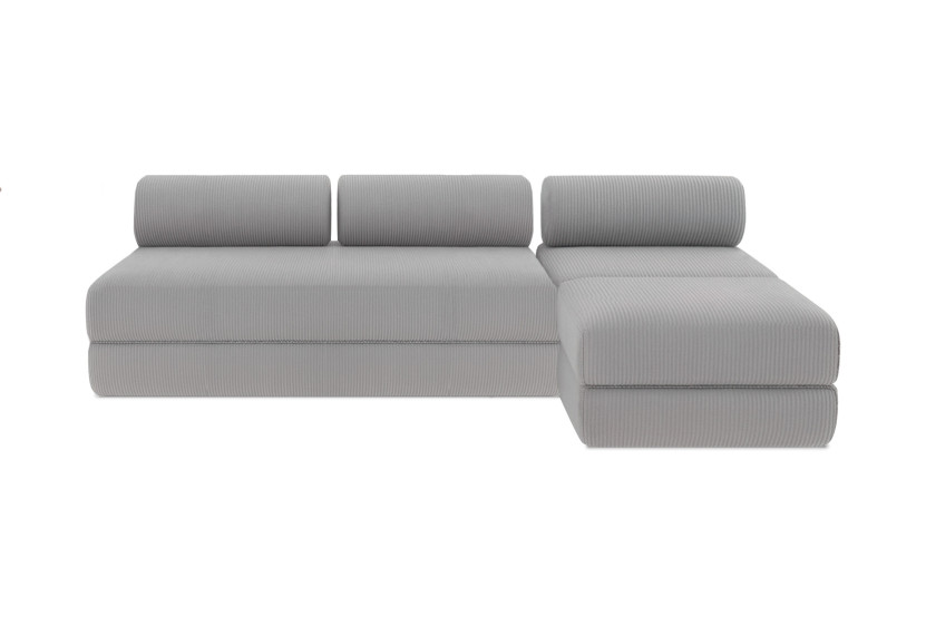 Canapé d'angle 6 places - 3 modules convertibles : Canapé 3 places + Fauteuil + Pouf - Velours côtelé Gris clair