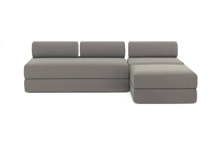 Canapé d'angle 6 places - 3 modules convertibles : Canapé 3 places + Fauteuil + Pouf - Tissu lisse Gris
