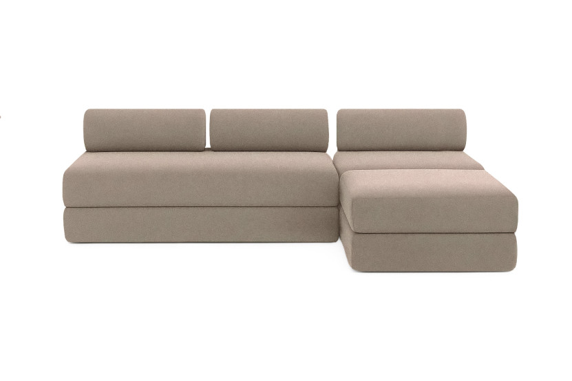 Canapé d'angle 6 places - 3 modules convertibles : Canapé 3 places + Fauteuil + Pouf - Tissu lisse Taupe