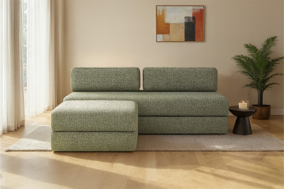 Canapé d'angle 4 places - 2 modules convertibles : Canapé 3 places + Pouf - Tissu tweed Vert