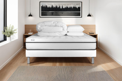 Pack lit complet 140x200 cm - Matelas + Sommier Blanc (en kit) + 2 oreillers + Couette - Vital Spa