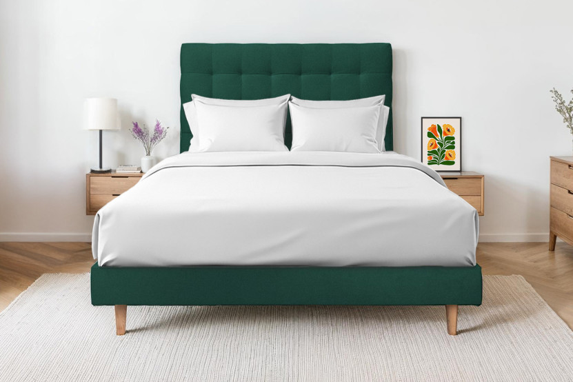 Lit 150x200 cm - Sommier à lattes H29 cm + tête de lit capitonnée - Tissu Velours Vert