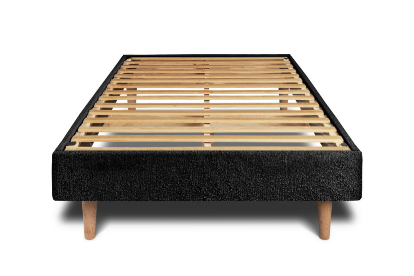 Lit 90x200 cm - Sommier à lattes H29 cm + tête de lit capitonnée - Tissu Bouclette Noir