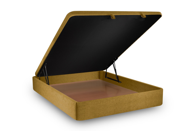 Lit coffre 200x200 cm avec Tête de lit capitonnée - Tissu Toile natté Jaune