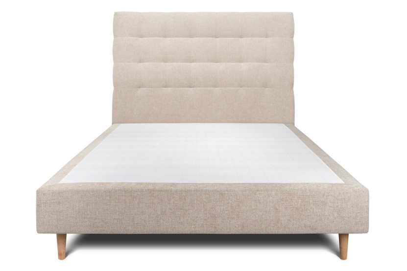 Lit 140x190 cm - Sommier tapissier H35 cm + tête de lit capitonnée - Tissu Toile natté Beige Brun
