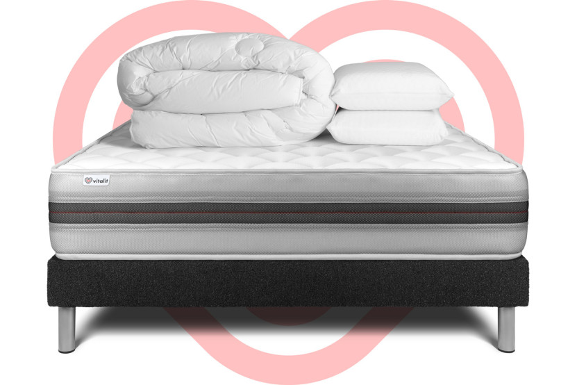 Pack lit complet 200x200 cm - Matelas + Sommier Noir (en kit) + 2 oreillers + Couette - Vitalmemo Back