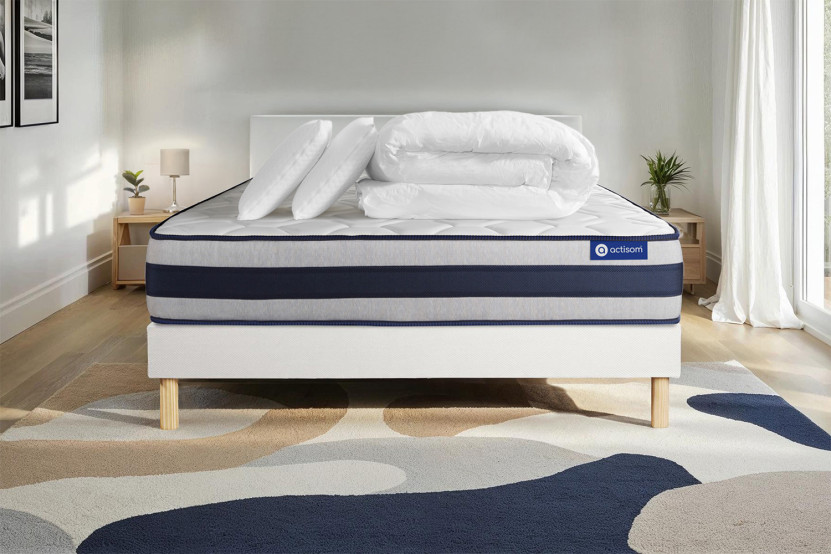 Pack lit complet 140x200 cm - Matelas + Sommier Blanc (en kit) + 2 oreillers + Couette - Actilatex Ergo