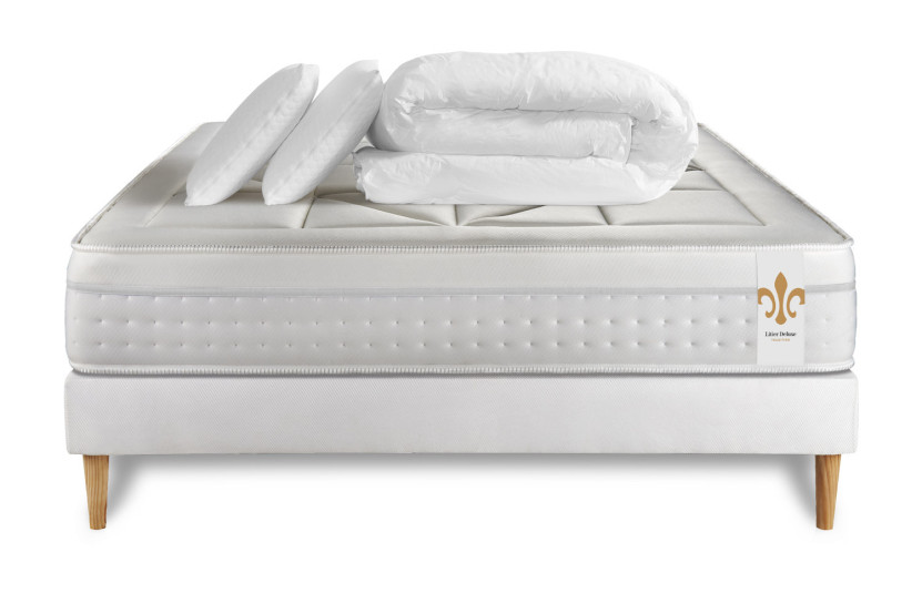Pack lit complet 140x190 cm - Matelas + Sommier Blanc + 2 oreillers + Couette - Vingt-Huit