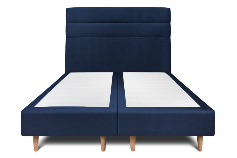 Lit 2x 100x200 cm - Sommier tapissier H35 cm + tête de lit à lignes - Tissu Velours Bleu Océan