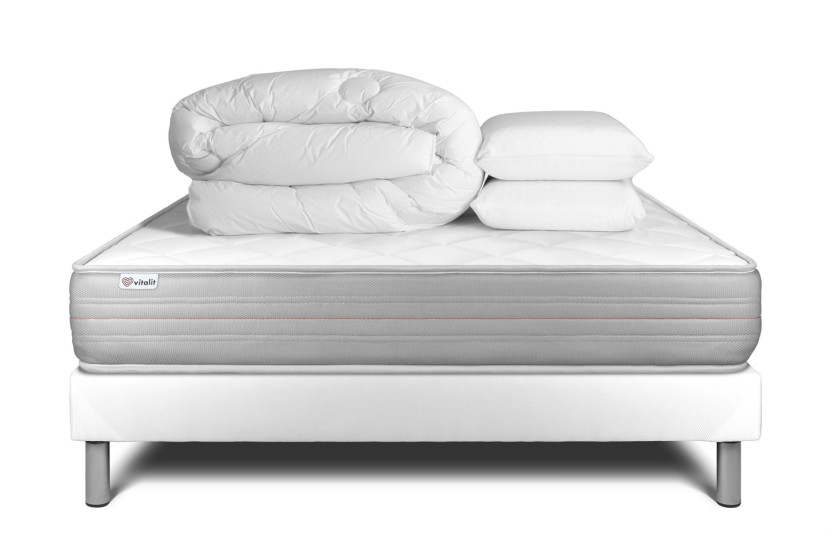 Pack lit complet 160x200 cm - Matelas + Sommier Blanc (en kit) + 2 oreillers + Couette - Vitalmemo