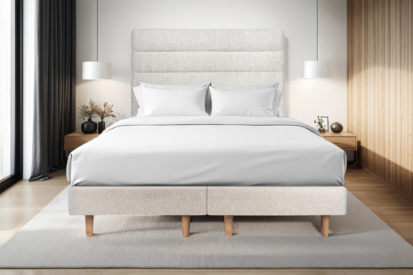 Lit 2x 100x200 cm - Sommier tapissier H29 cm + tête de lit à lignes - Tissu Bouclette Beige Clair