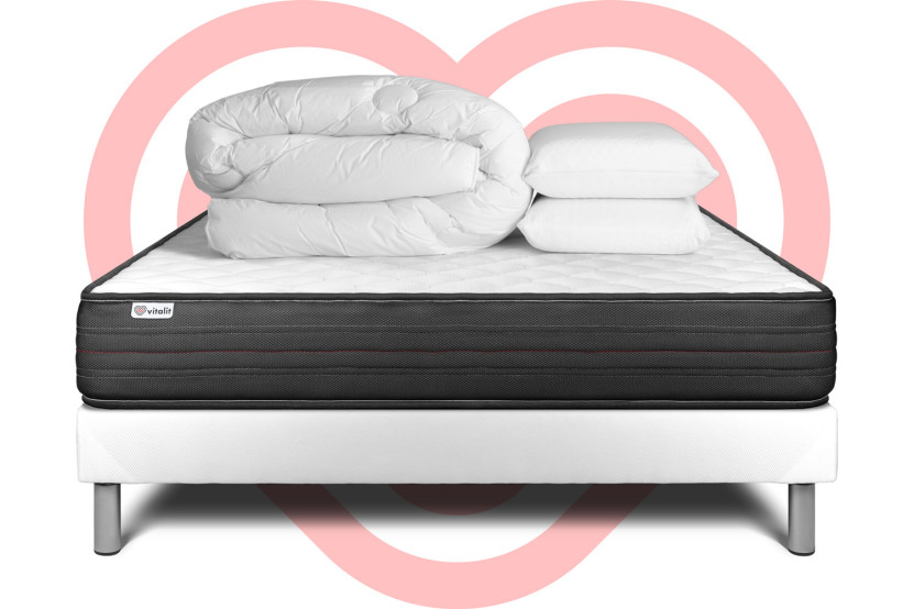 Pack lit complet 140x190 cm - Matelas + Sommier Blanc (en kit) + 2 oreillers + Couette - Vitalpower