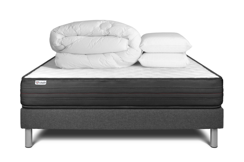 Pack lit complet 140x200 cm - Matelas + Sommier Gris (en kit) + 2 oreillers + Couette - Vitalpower