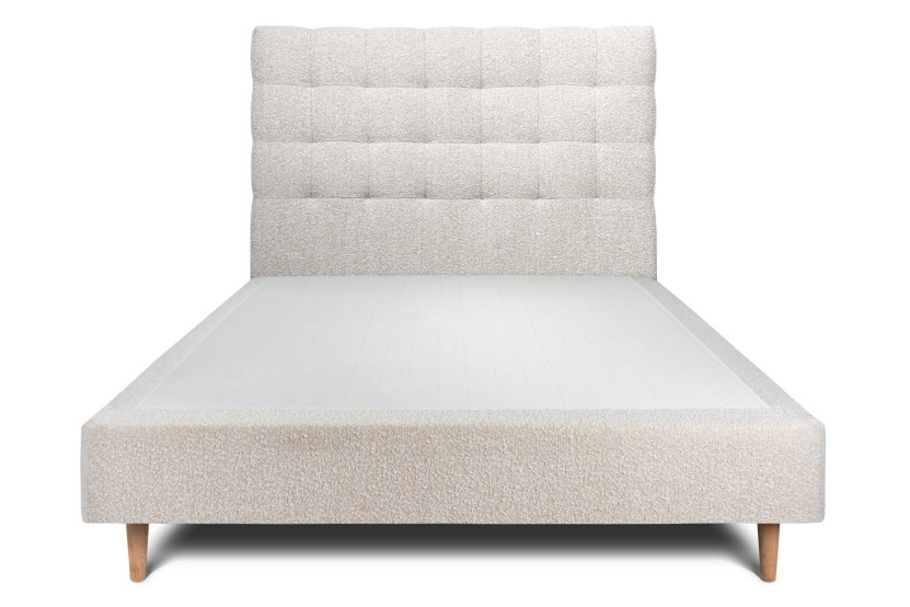 Lit 140x200 cm - Sommier tapissier H35 cm + tête de lit capitonnée - Tissu Bouclette Beige Clair